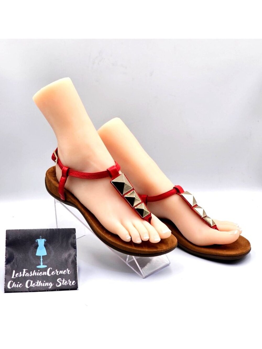 Vionic Women's Red Leather Gold Studded Nala T-Strap Sandal Size 7 2354 - Picture 4 of 16